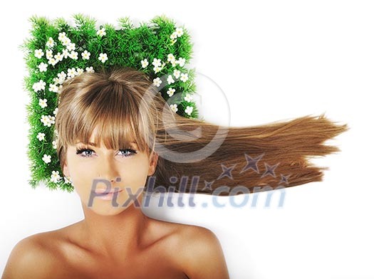 beautiful blonde woman face isolated on white with small green peace of grass beautiful blonde woman face isolated on white with small green peace of grass