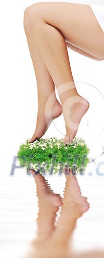 woman legs walking on small peace of green grass isolated on white representing last oasis concept woman legs walking on small peace of green grass isolated on white representing last oasis concept