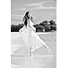 asian  bride with a veil on the beach in the sky and blue sea. honeymoon on the fantastic island at summer