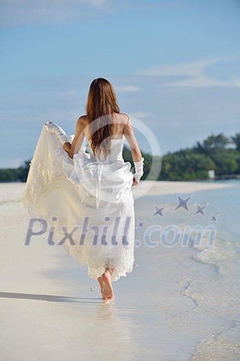 asian bride with a veil on the beach in the sky and blue sea. honeymoon on the fantastic island at summer asian bride with a veil on the beach in the sky and blue sea. honeymoon on the fantastic island at summer
