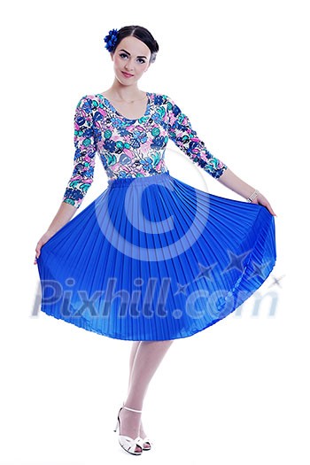 beautiful young woman isolated on white in studio in old fashion clothes representing pinup and retro style beautiful young woman isolated on white in studio in old fashion clothes representing pinup and retro style
