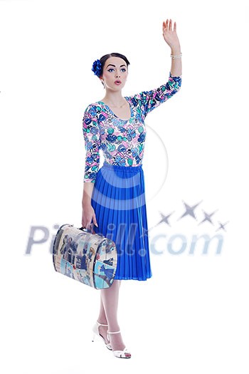 pretty young happy woman with travel bag waiting and posing isolated on white backround in studio pretty young happy woman with travel bag waiting and posing isolated on white backround in studio