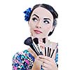 beautiful young pinup  woman apply makeup and cosmetics beauty treatment isolated on white in studio