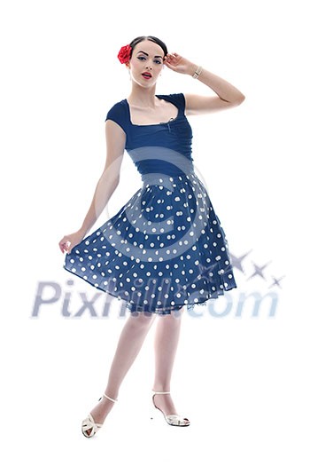beautiful young woman isolated on white in studio in old fashion clothes representing pinup and retro style beautiful young woman isolated on white in studio in old fashion clothes representing pinup and retro style