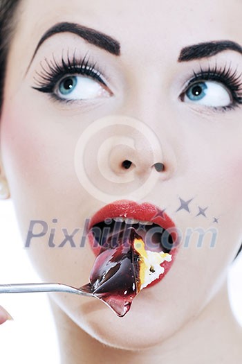 beautiful young retro pinup woman eat sweet cake food isolated on white iin studio, representing diet and healthy concept beautiful young retro pinup woman eat sweet cake food isolated on white iin studio, representing diet and healthy concept