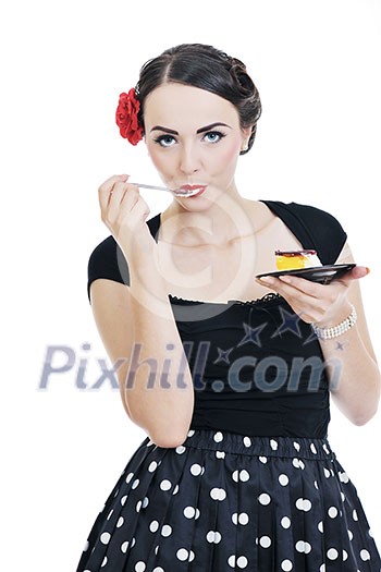 beautiful young retro pinup woman eat sweet cake food isolated on white iin studio, representing diet and healthy concept beautiful young retro pinup woman eat sweet cake food isolated on white iin studio, representing diet and healthy concept