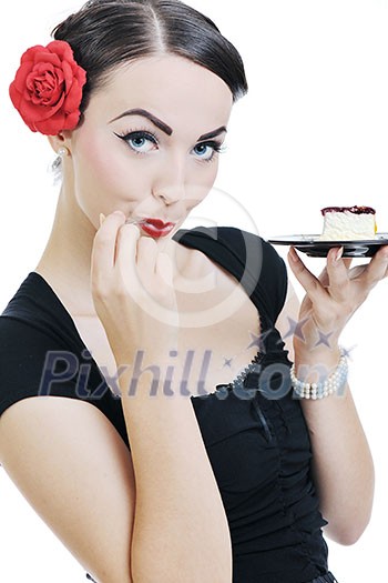 pretty young happy woman with travel bag waiting and posing isolated on white backround in studio pretty young happy woman with travel bag waiting and posing isolated on white backround in studio