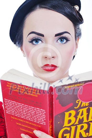 young student woman in retro clothes read book and get education for exam study isolated on white backround young student woman in retro clothes read book and get education for exam study isolated on white backround
