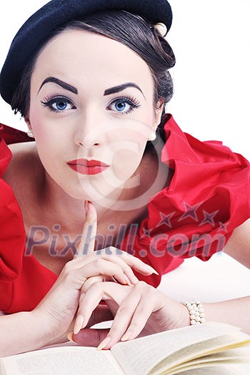 young student woman in retro clothes read book and get education for exam study isolated on white backround young student woman in retro clothes read book and get education for exam study isolated on white backround