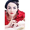 young student woman in retro clothes read book and get education for exam study isolated on white backround