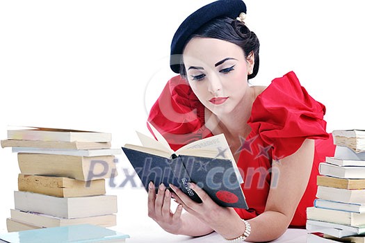 young student woman in retro clothes read book and get education for exam study isolated on white backround young student woman in retro clothes read book and get education for exam study isolated on white backround