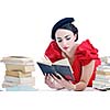 young student woman in retro clothes read book and get education for exam study isolated on white backround