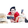 young student woman in retro clothes read book and get education for exam study isolated on white backround