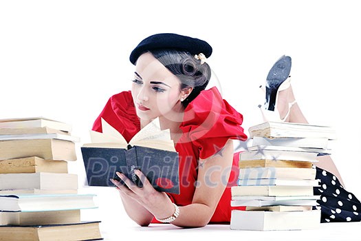 young student woman in retro clothes read book and get education for exam study isolated on white backround young student woman in retro clothes read book and get education for exam study isolated on white backround