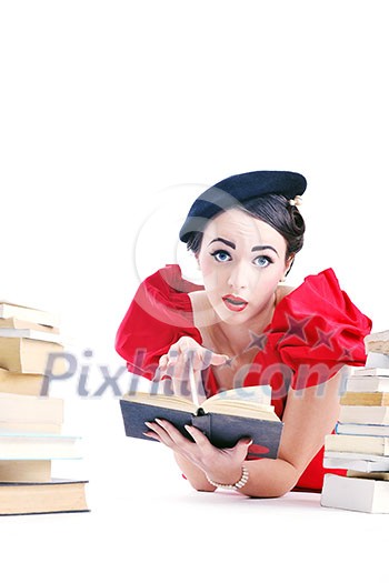 young student woman in retro clothes read book and get education for exam study isolated on white backround young student woman in retro clothes read book and get education for exam study isolated on white backround