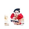 young student woman in retro clothes read book and get education for exam study isolated on white backround