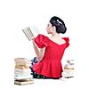 young student woman in retro clothes read book and get education for exam study isolated on white backround
