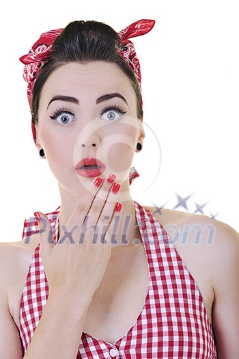 beautiful young woman isolated on white in studio in old fashion clothes representing pinup and retro style beautiful young woman isolated on white in studio in old fashion clothes representing pinup and retro style