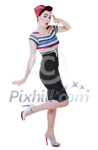 beautiful young woman isolated on white in studio in old fashion clothes representing pinup and retro style beautiful young woman isolated on white in studio in old fashion clothes representing pinup and retro style