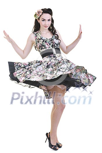 beautiful young woman isolated on white in studio in old fashion clothes representing pinup and retro style beautiful young woman isolated on white in studio in old fashion clothes representing pinup and retro style
