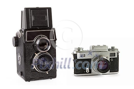 Old rangefinder and twin-lens reflex large format film cameras isolated on white background Old rangefinder and twin-lens reflex large format film cameras isolated on white background