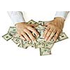 Greedy hands grabbing money lot of dollars