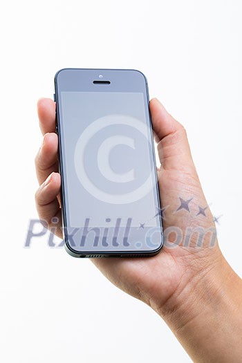 Female hand holding a smart phone, isolated on white Female hand holding a smart phone, isolated on white