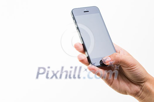 Female hand holding a smart phone, isolated on white Female hand holding a smart phone, isolated on white