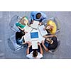 top view,  group of students together  at school table working homework and have fun