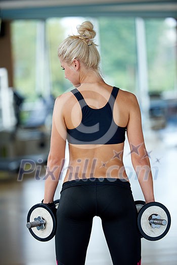 Gorgeou woman girl lifting some weights and working on her biceps in a gym Gorgeou woman girl lifting some weights and working on her biceps in a gym