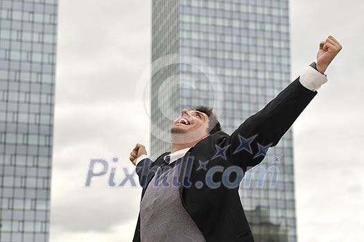 Photo of happy winner businessman screaming from joy Photo of happy winner businessman screaming from joy