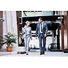 young multi ethnic business people group walking standing and top view