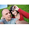 young happy couple have fun outdoor in nature