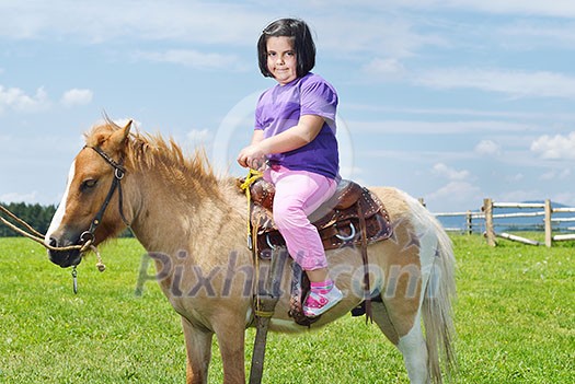 happy child ride farm animal brown pony with blue sky in background and beautiful nature happy child ride farm animal brown pony with blue sky in background and beautiful nature
