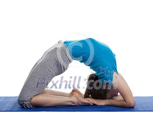 Yoga - young beautiful woman yoga instructor doing Pigeon pose asana(kapotasana) exercise isolated on white background Yoga - young beautiful woman yoga instructor doing Pigeon pose asana(kapotasana) exercise isolated on white background