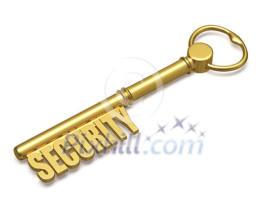 Security concept - golden key with security text made of gold isolated on white background Security concept - golden key with security text made of gold isolated on white background