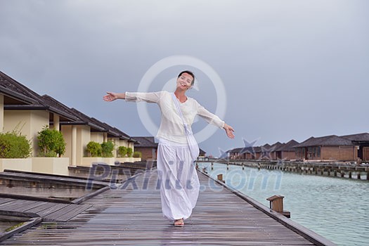 young woman relax on cloudy summer day and bad weather young woman relax on cloudy summer day and bad weather