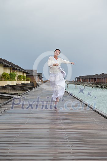 young woman relax on cloudy summer day and bad weather young woman relax on cloudy summer day and bad weather