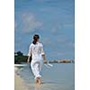 happy young woman on summer vacation on beautiful tropical beach have fun enjoy and relax