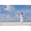happy young woman on summer vacation on beautiful tropical beach have fun enjoy and relax
