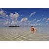 happy young woman on summer vacation on beautiful tropical beach have fun and relax