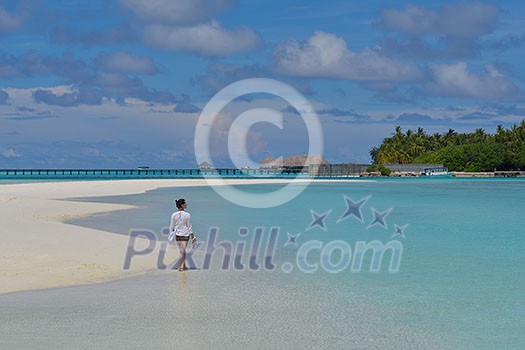 happy young woman on summer vacation on beautiful tropical beach have fun enjoy and relax happy young woman on summer vacation on beautiful tropical beach have fun enjoy and relax