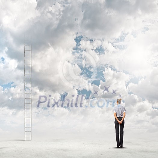 Rear view of businesswoman standing near ladder going high in sky Rear view of businesswoman standing near ladder going high in sky