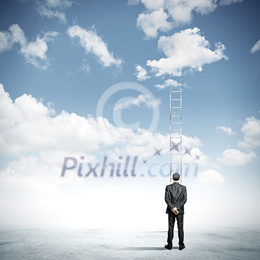 Rear view of businessman standing near ladder going high in sky Rear view of businessman standing near ladder going high in sky