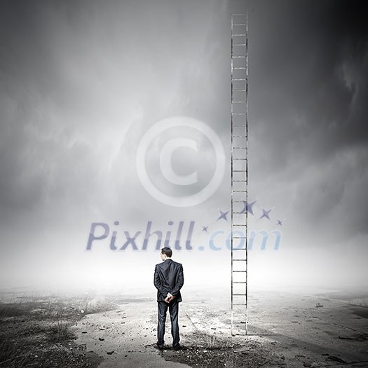 Rear view of businessman standing near ladder going high in sky Rear view of businessman standing near ladder going high in sky