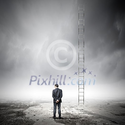 Rear view of businessman standing near ladder going high in sky