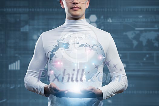 Man holding globe in hands. Futuristic concept Man holding globe in hands. Futuristic concept