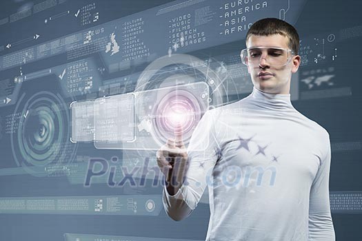 Man in white touching icon of media screen Man in white touching icon of media screen