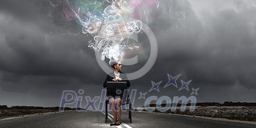 Young thoughtful confused businesswoman sitting on chair Young thoughtful confused businesswoman sitting on chair