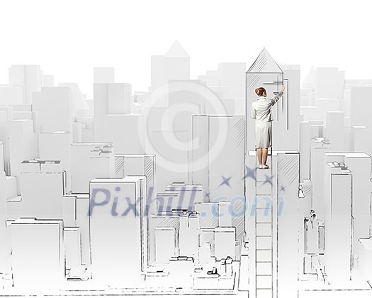 Businesswoman standing on ladder with back and drawing project of city Businesswoman standing on ladder with back and drawing project of city